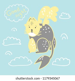 Cute monsters and hand lettering. Funny cartoon monster cat illustration. Hand drawn vector doodle design for  kids. 
