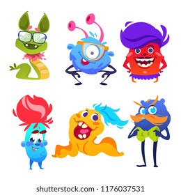 Cute monsters. Happy cartoon mutant and goblin toys. Halloween aliens vector monster set. Cartoon monster halloween, scary and funny illustration