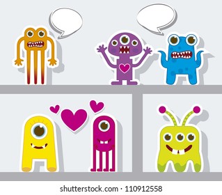 cute monsters with hearts with balloons text. vector illustration