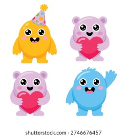 Cute monsters with hearts vector set, love themed characters, Valentine card, wedding party decor, anniversary banner, romantic classroom graphics.