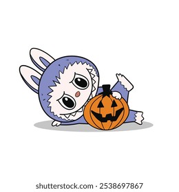 Cute The Monsters Labubu and Pumpkin Halloween. Sticker and Keychain