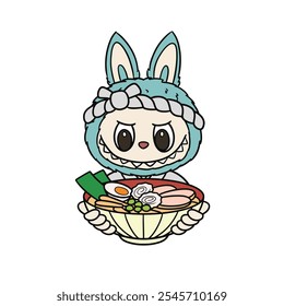 Cute The Monsters Labubu Ramen Food. Sticker and Keychain Vector