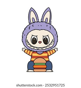 Cute The Monsters Labubu Ready to Eat Burger. Vector Sticker and Keychain