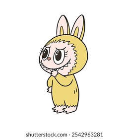 Cute The Monsters Labubu Yellow Shy. Vector Sticker and Keychain