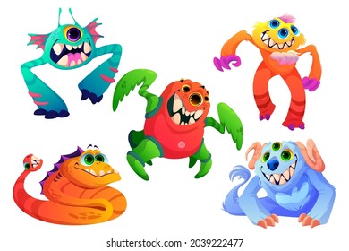 Kleine Monster, kleine außerirdische Tiere mit Zähnen, Hörnern, vielen Augen und Fell. Vektorgrafik-Set mit lustigen Kreaturen, kleinen hässlichen Tieren lächeln und lachen einzeln auf weißem Hintergrund