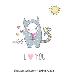 Cute monsters in love holding flower, farts and hearts, sketch naive art illustration, hand drawn cartoon funny character in vector.