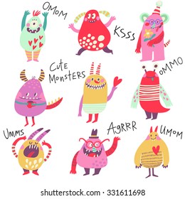 Cute monsters. Lovely monster set for children designs. Sweet smiling creatures in warm colors in vector. Awesome childish collection