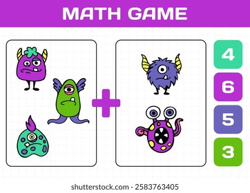 Cute monsters. Math game. Aliens counting. Workbook test. Kids preschool worksheet. How many mutants. Children task. Calculation exercise. Kindergarten brainteaser. Vector educational puzzle design