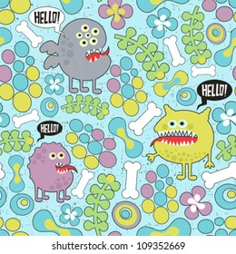 Cute monsters microbes seamless texture with bones and flowers. Vector pattern.