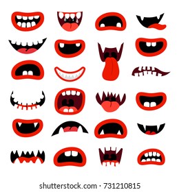 Cute monsters mouth set. Red cartoon mouths with teeth, on white background. Vector illustration