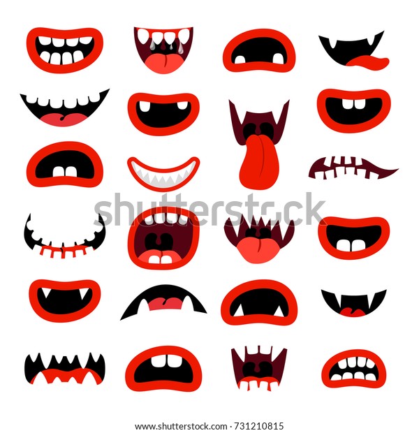 かわいいモンスターの口元セット 白い背景に赤いカートーンの口と歯 ベクターイラスト のベクター画像素材 ロイヤリティフリー