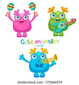 Cute Monsters Music Players Vector Set. Luck Cartoon Mascot On A White Background. Monsters With Guitar, Trumpet, Maracas.