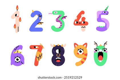 Conjunto de números de monstruos lindos. Figuras divertidas, letras de fuente de dinosaurio. Numerosas Formas con animales para cumpleaños de niños. Educación primaria. Ilustraciones vectoriales aisladas planas sobre fondo blanco