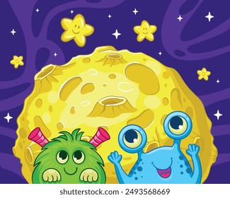 Cute monsters on the background of the moon. Cartoon aliens in space. Vector picture in a children's style.