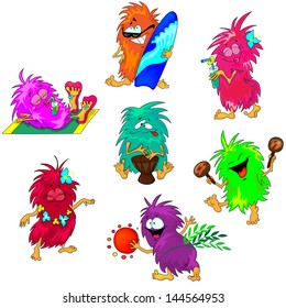 Cute Monsters on the Beach.Vector Illustration