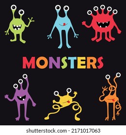 Cute monsters on black background. Isolated cartoon monster characters. Vector illustration