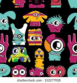 Cute monsters on black - seamless pattern