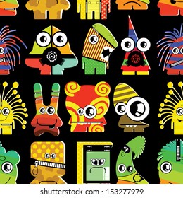 Cute monsters on black - seamless pattern