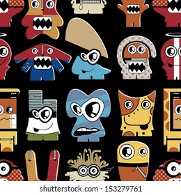 Cute monsters on black - seamless pattern
