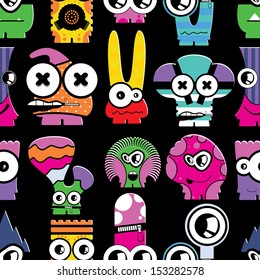 Cute monsters on black - seamless pattern