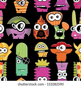 Cute monsters on black - seamless pattern