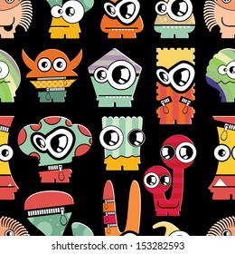 Cute monsters on black - seamless pattern