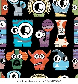 Cute monsters on black - seamless pattern