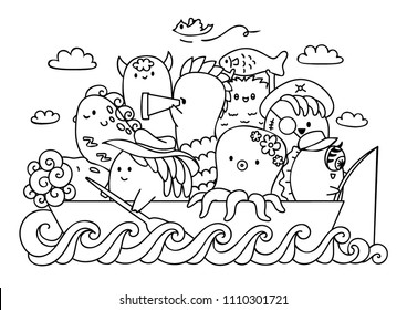 Cute monsters on the boat together for printed tee, wallpaper printing and coloring book page. Vector illustration