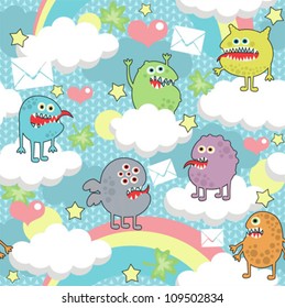 Cute monsters on clouds seamless texture with envelopes. Vector pattern with microbes.