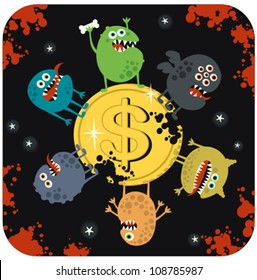 Cute monsters on the coin of dollar. Vector illustration.