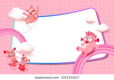 Cute monsters on frame vector cartoon illustration for birthday gift tag design, label tag and sticker set design