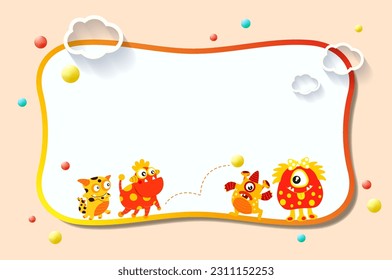Cute monsters on frame vector cartoon illustration for birthday gift tag design, label tag and sticker set design