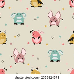 Cute monsters pattern. Seamless vector background for kids with funny creatures