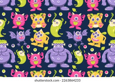Cute monsters. Patterns of zombies, bats, demons and ghosts