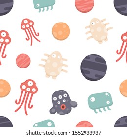 Cute monsters and planet seamless pattern. Flat design style vector. Monster pattern background. Vector illustration. 