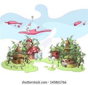 Cute monsters playing in front houses. Vector illustration.