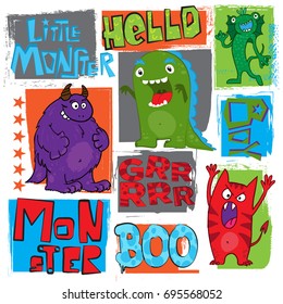 Cute monsters print for T-shirts, textiles, paper, web. Original design with  with cute liottle monsters. cool design for boys . isolated on white