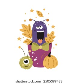 Cute Monsters with pumpkins. Print on children's clothes, posters and cards. Vector illustration