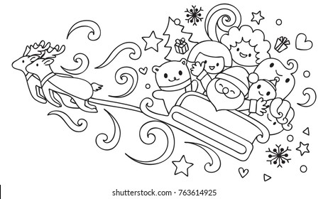 Cute monsters and santa clause on the sleigh with Christmas deers, for cards,invitations and coloring book for kids. Vector illustration.