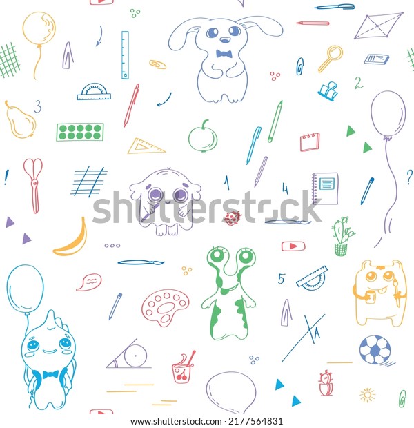 Cute monsters and school supplies on a print background. Back to school wallpapers with hand drawn characters. Learning and celebrating kids seamless pattern.