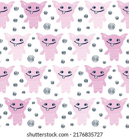 Cute monsters seamless childish pattern. Vector illustration of funny baby print. Pink background for children's room and nursery.