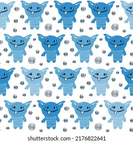 Cute monsters seamless children's pattern. Vector illustration of a funny baby print. Blue background for children's room and nursery.