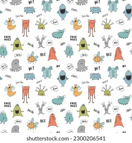 Cute monsters seamless pattern. Cartoon monsters background. Vector illustration.