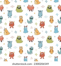 Cute monsters seamless pattern. Cartoon monsters background. Vector illustration.