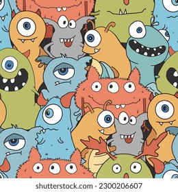 Cute monsters seamless pattern. Cartoon monsters background. Vector illustration.