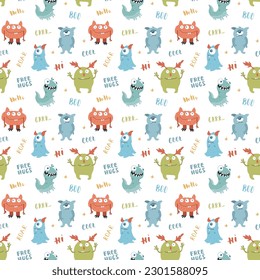 Cute monsters seamless pattern. Cartoon monsters background. Vector illustration.