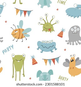 Cute monsters seamless pattern. Cartoon monsters background. Vector illustration.