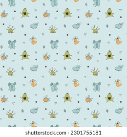 Cute monsters seamless pattern. Cartoon monsters background. Vector illustration.