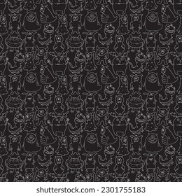 Cute monsters seamless pattern. Cartoon monsters background. Vector illustration.