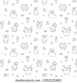 Cute monsters seamless pattern. Cartoon monsters background. Vector illustration.